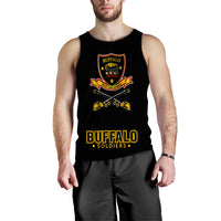 Black men’s tank top front view with Buffalo Soldiers crest, crossed trumpets, logo