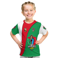 Kids sports T-shirt in green/red/white with Mendi Muruks logo on front