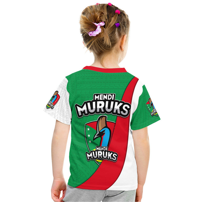 Kids sport T-shirt back view, green/red panels, Mendi Muruks crest centered