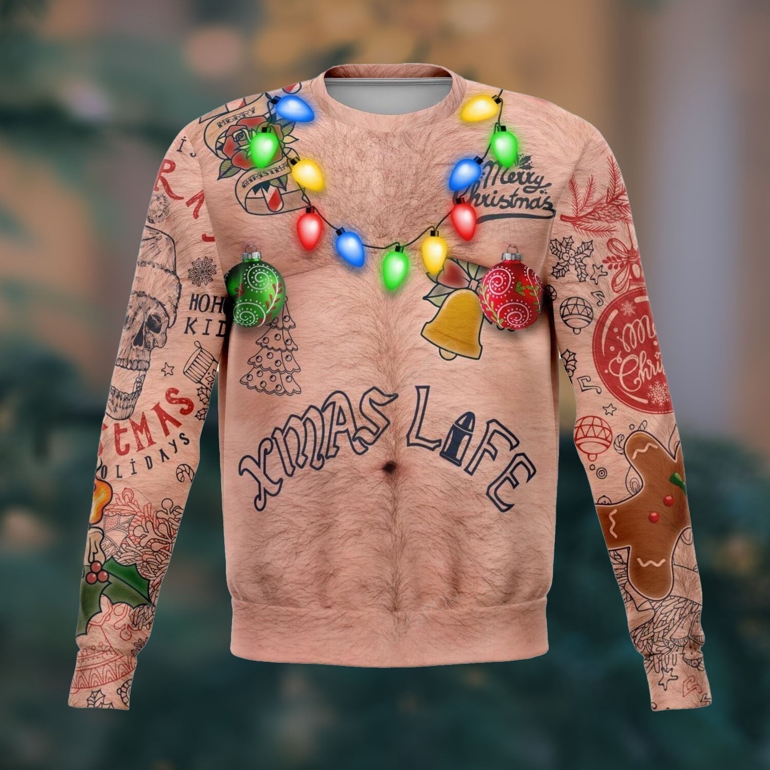 mens-bare-chest-tattoos-festive-ugly-christmas-sweater