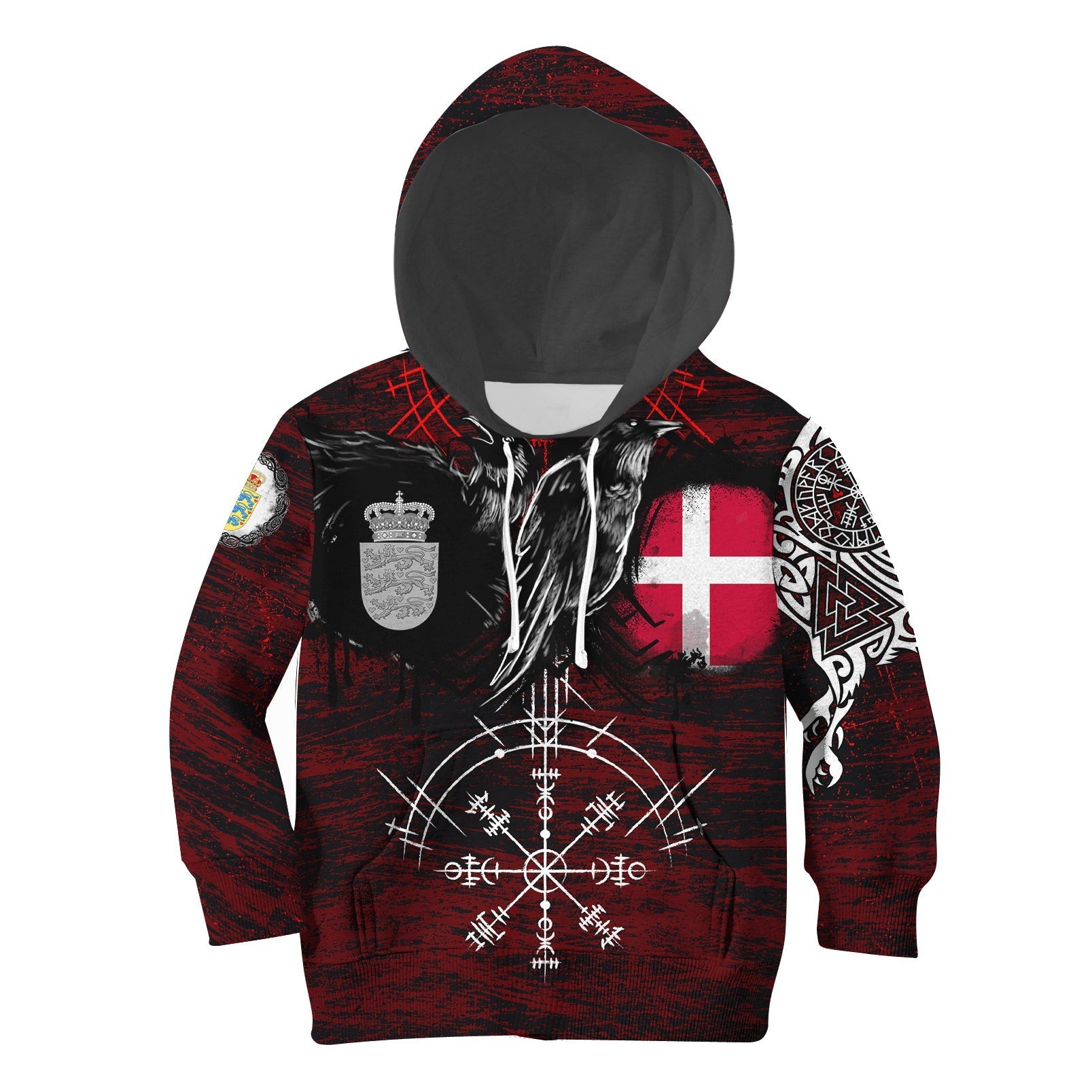 Viking Hoodie Kid Denmark Raven Of Odin and Symbol Viking On Blood Background RLT12 - Wonder Print Shop