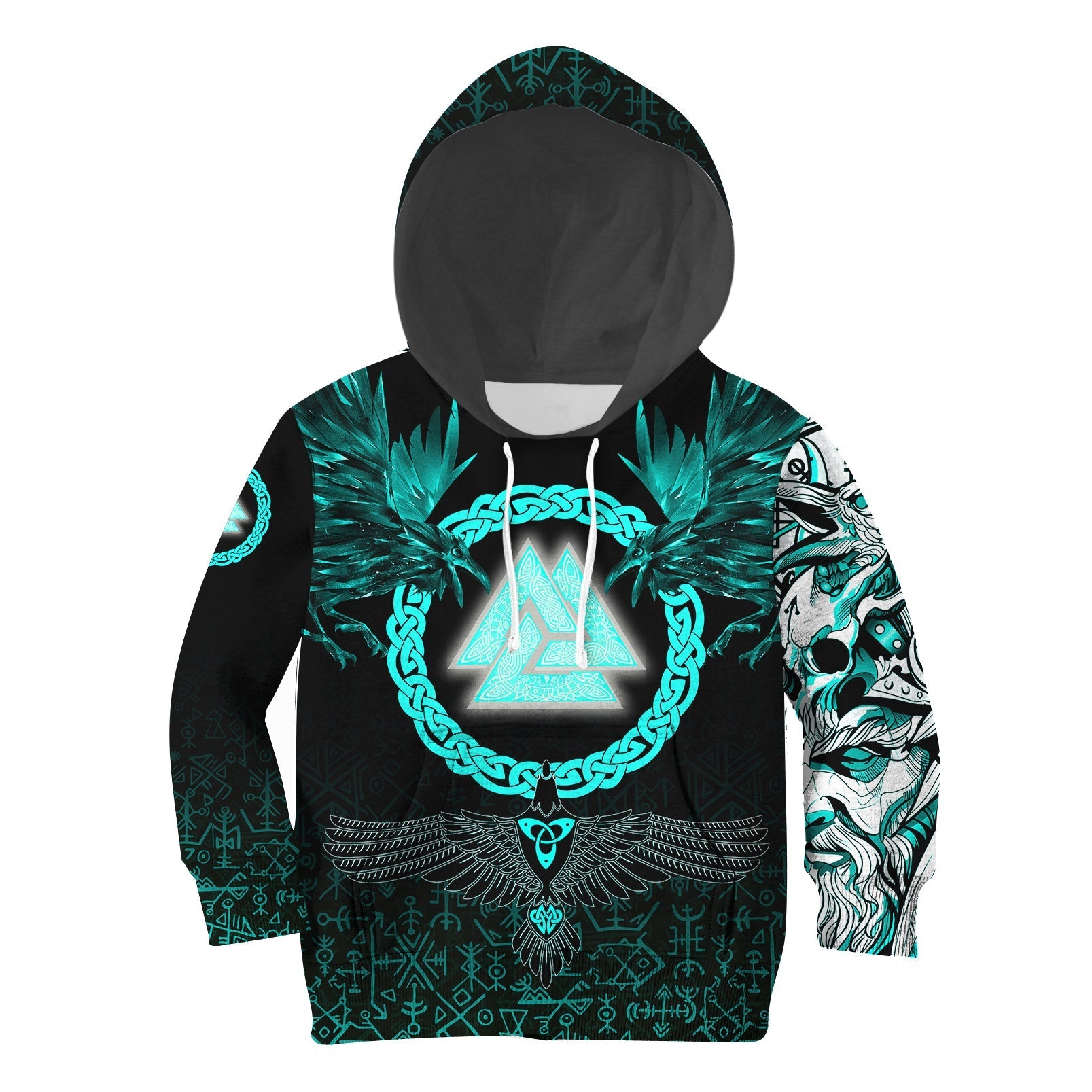Viking Hoodie Kid Three Raven and Valknut Cyan RLT12 - Wonder Print Shop
