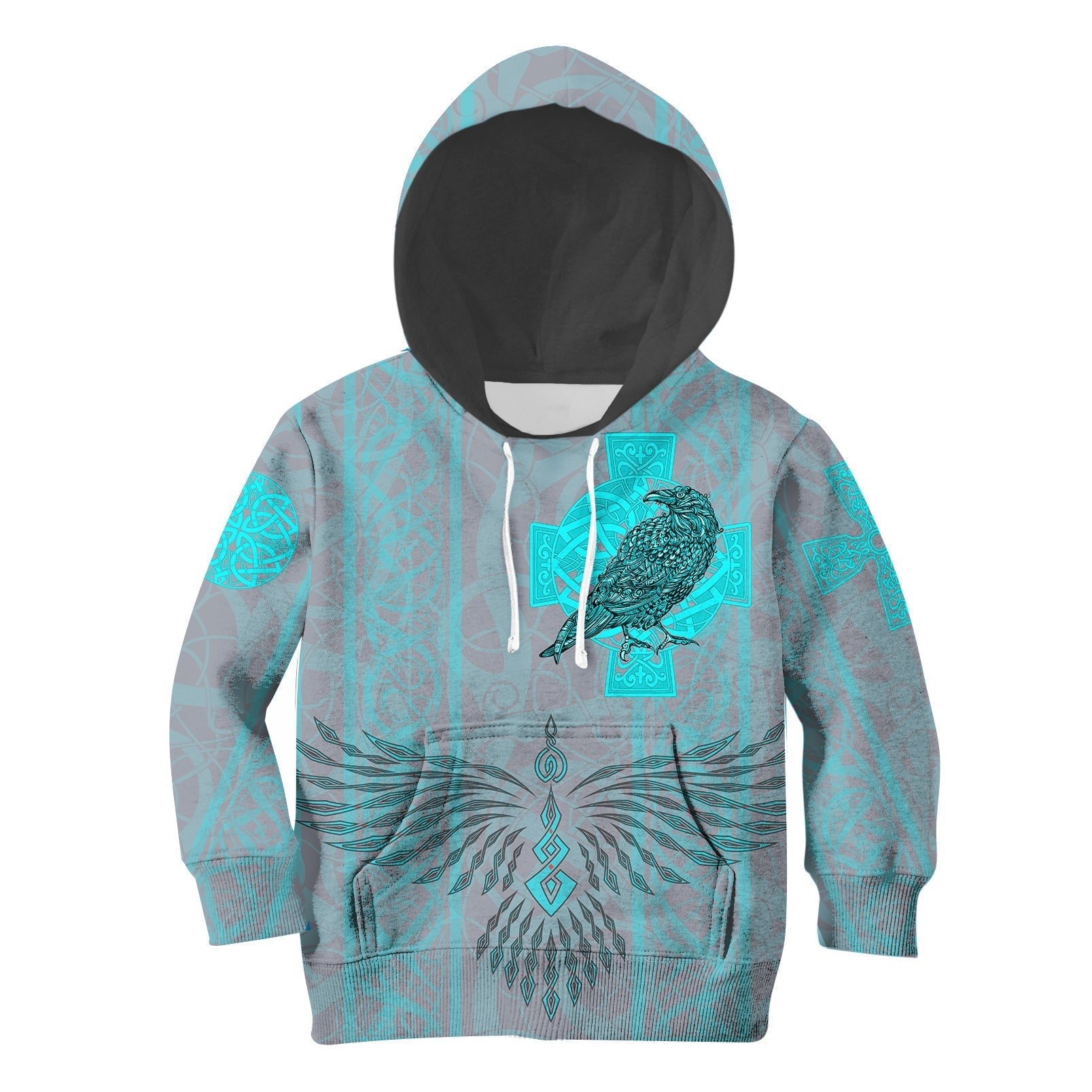 Viking Hoodie Kid Odin's Celtic Raven Scandinavian Tattoo Style Cyan RLT12 - Wonder Print Shop
