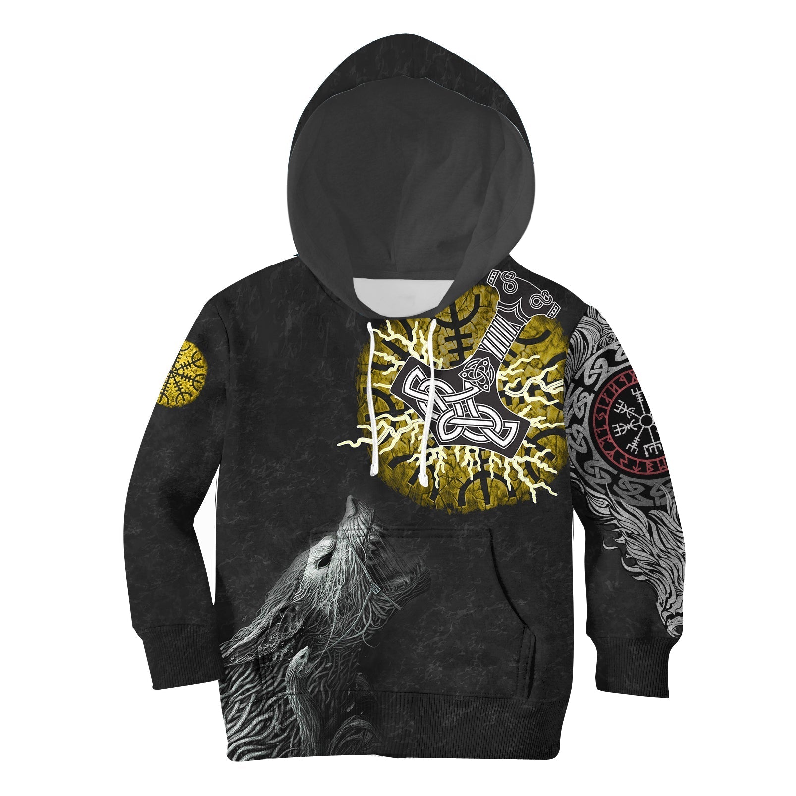 (Custom) Viking Hoodie Kid - Fenrir Fight Mjolnir Of Thor On Helm Of Awe RLT12 - Wonder Print Shop