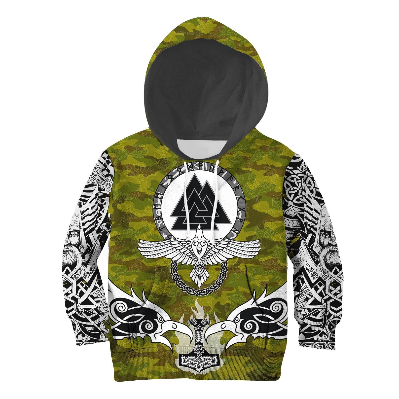 Viking Hoodie Kid Raven Of Odin and Symbol Viking On Camo Background RLT12 - Wonder Print Shop