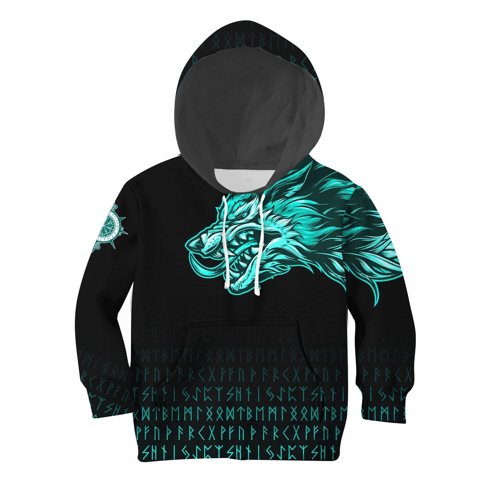 Viking Hoodie Kid Fenrir Wolf Cyan Near Shoulder RLT12 - Wonder Print Shop