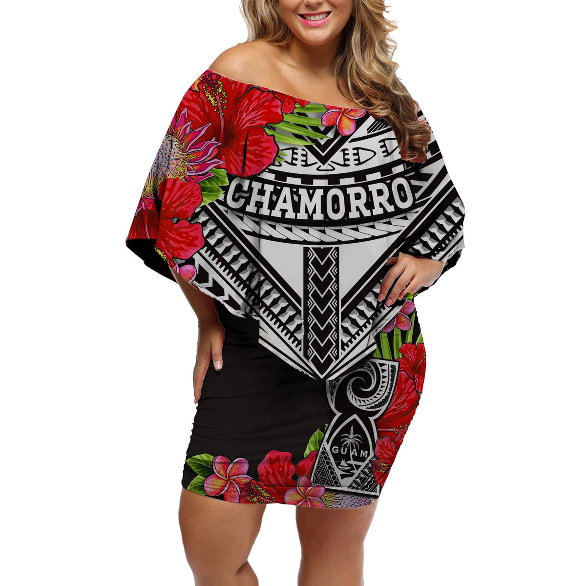 Custom Personalised Guam Chamorro Off Shoulder Short Dress Guaman Latte Stone Tropical Flowers Black Version - Wonder Print Shop