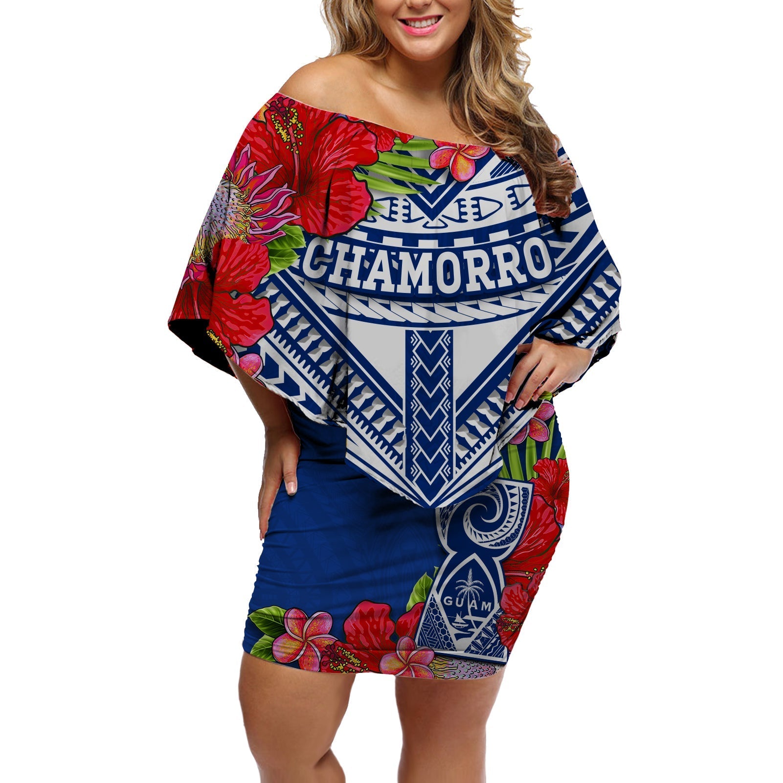 Custom Personalised Guam Chamorro Off Shoulder Short Dress Guaman Latte Stone Tropical Flowers Blue Version - Wonder Print Shop