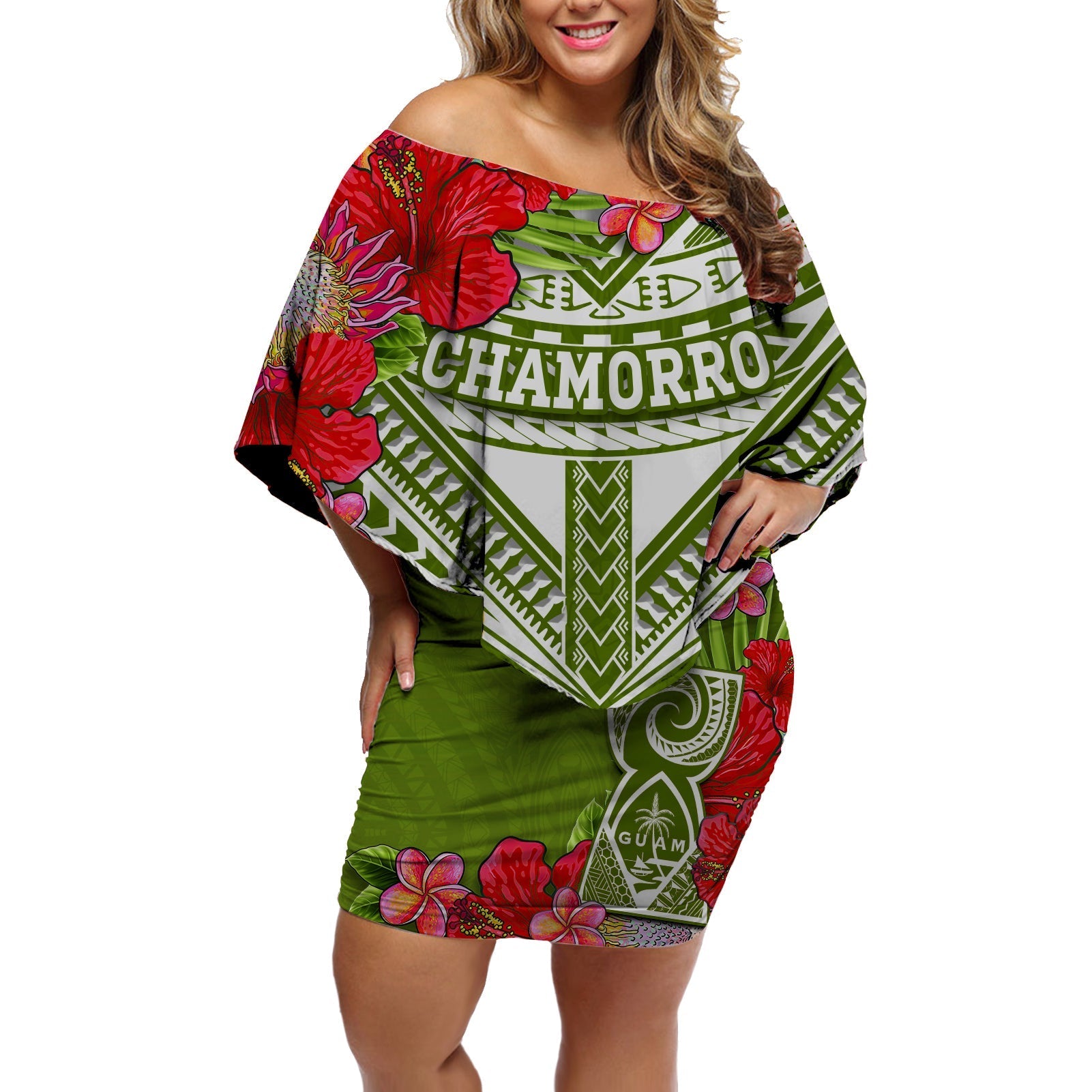 Custom Personalised Guam Chamorro Off Shoulder Short Dress Guaman Latte Stone Tropical Flowers Green Version - Wonder Print Shop