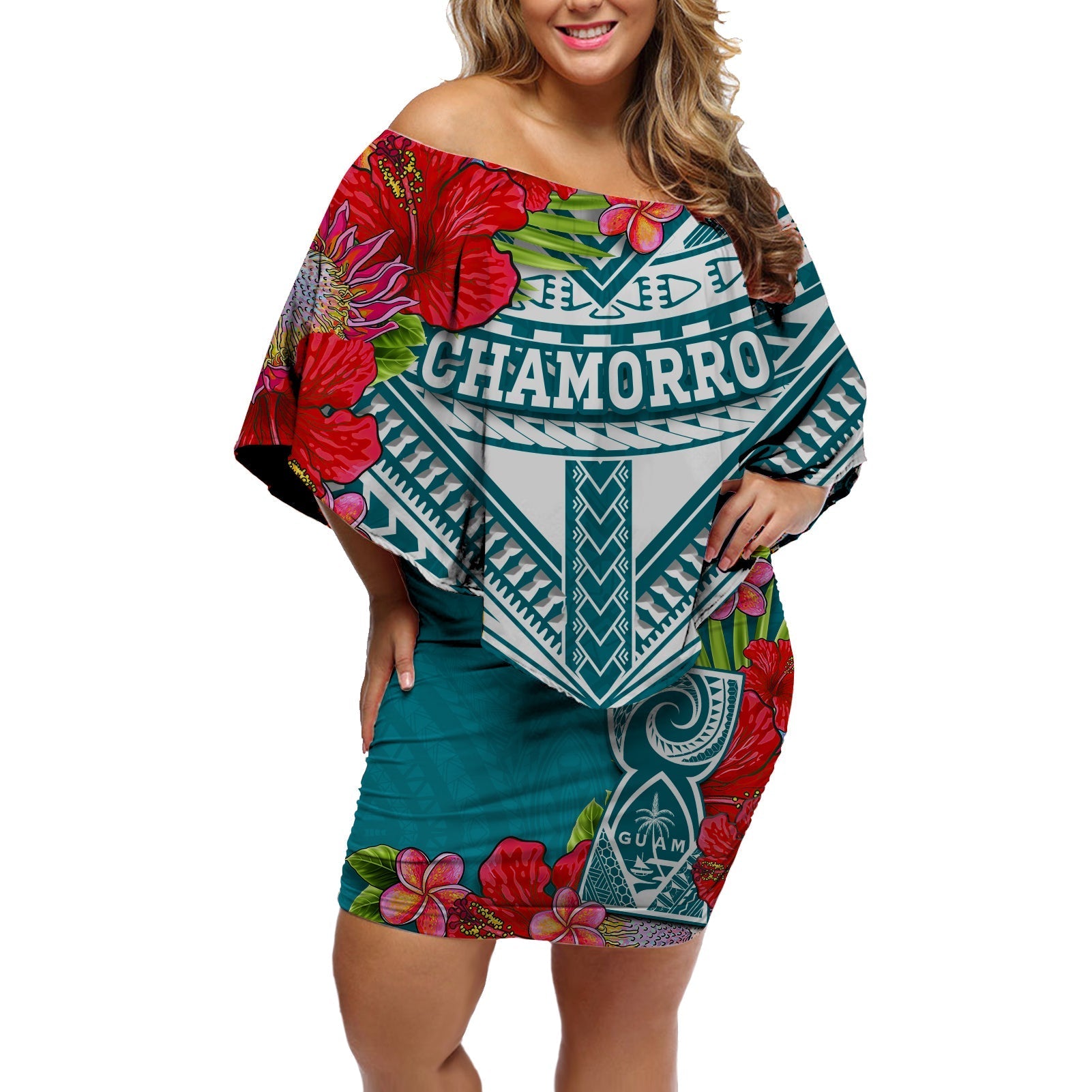 Custom Personalised Guam Chamorro Off Shoulder Short Dress Guaman Latte Stone Tropical Flowers Turquoise Version - Wonder Print Shop