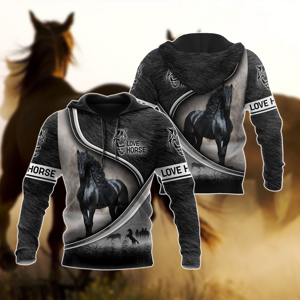 Pair of black zip hoodies featuring horse portrait, LOVE HORSE print, and striped accents.