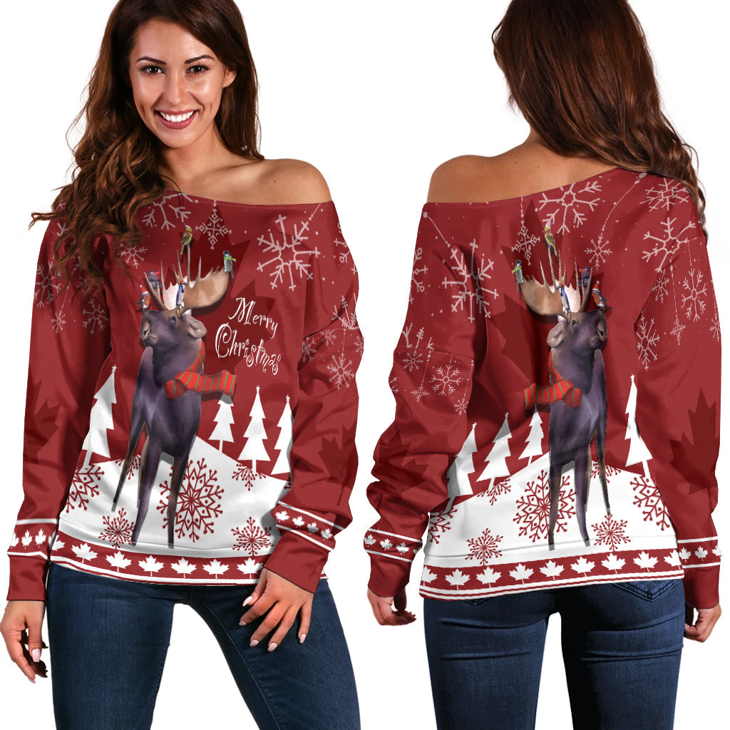 Canada Moose With Winter Birds Christmas Off Shoulder Sweater - Wonder Print Shop