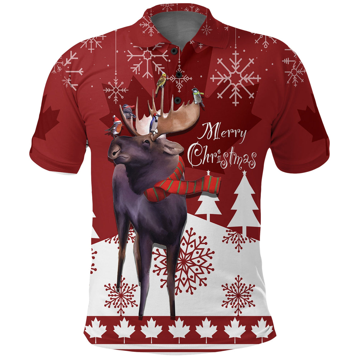 Canada Moose Polo Shirt with Winter Birds Christmas - Wonder Print Shop