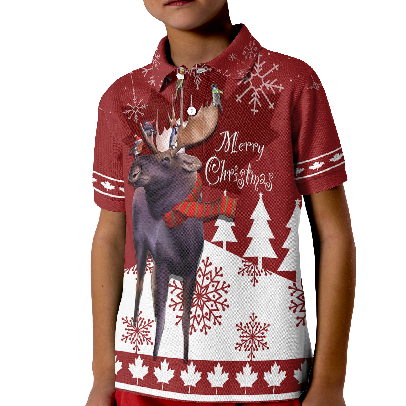 canada-moose-with-winter-birds-christmas-kid-polo-shirt