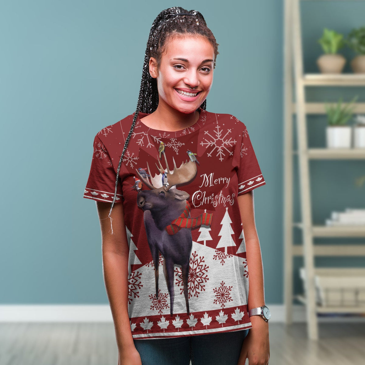 Canada Moose With Winter Birds Christmas T Shirt - Wonder Print Shop
