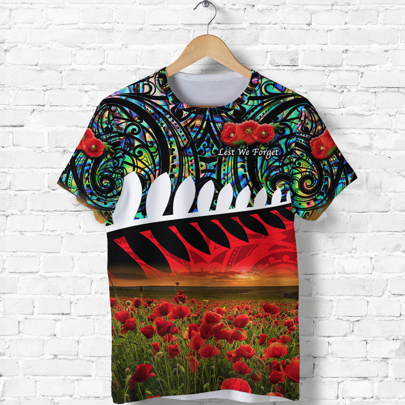 Custom ANZAC New Zealand T Shirt Poppy Vibes Paua Shell LT8 - Wonder Print Shop