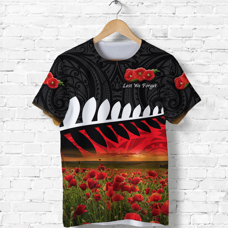Custom ANZAC New Zealand T Shirt Poppy Vibes Black LT8 - Wonder Print Shop