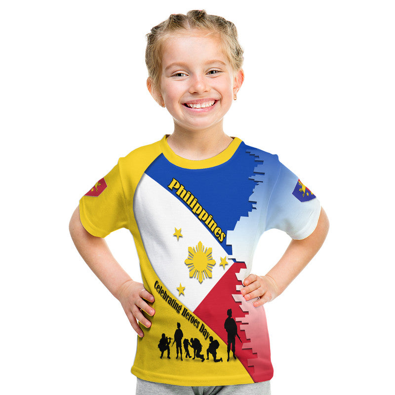 Kids T-shirt on child, yellow sleeves, blue white red diagonal flag with hero silhouettes