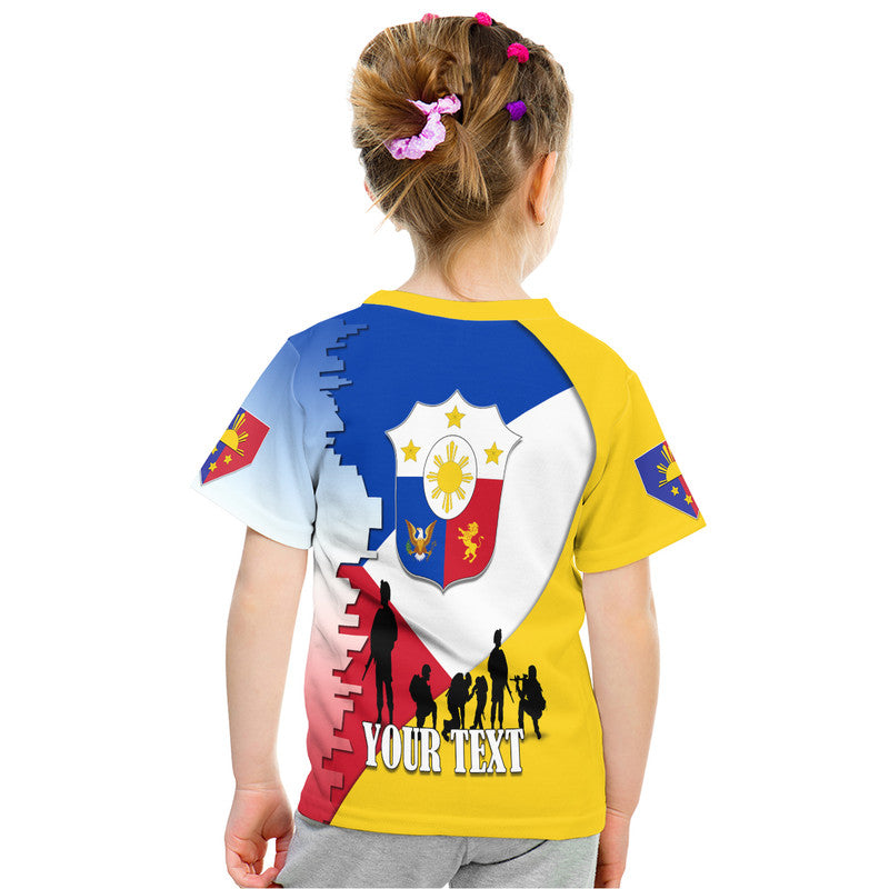 Kids T-shirt back with crest shield and 'YOUR TEXT' over blue/white/red design