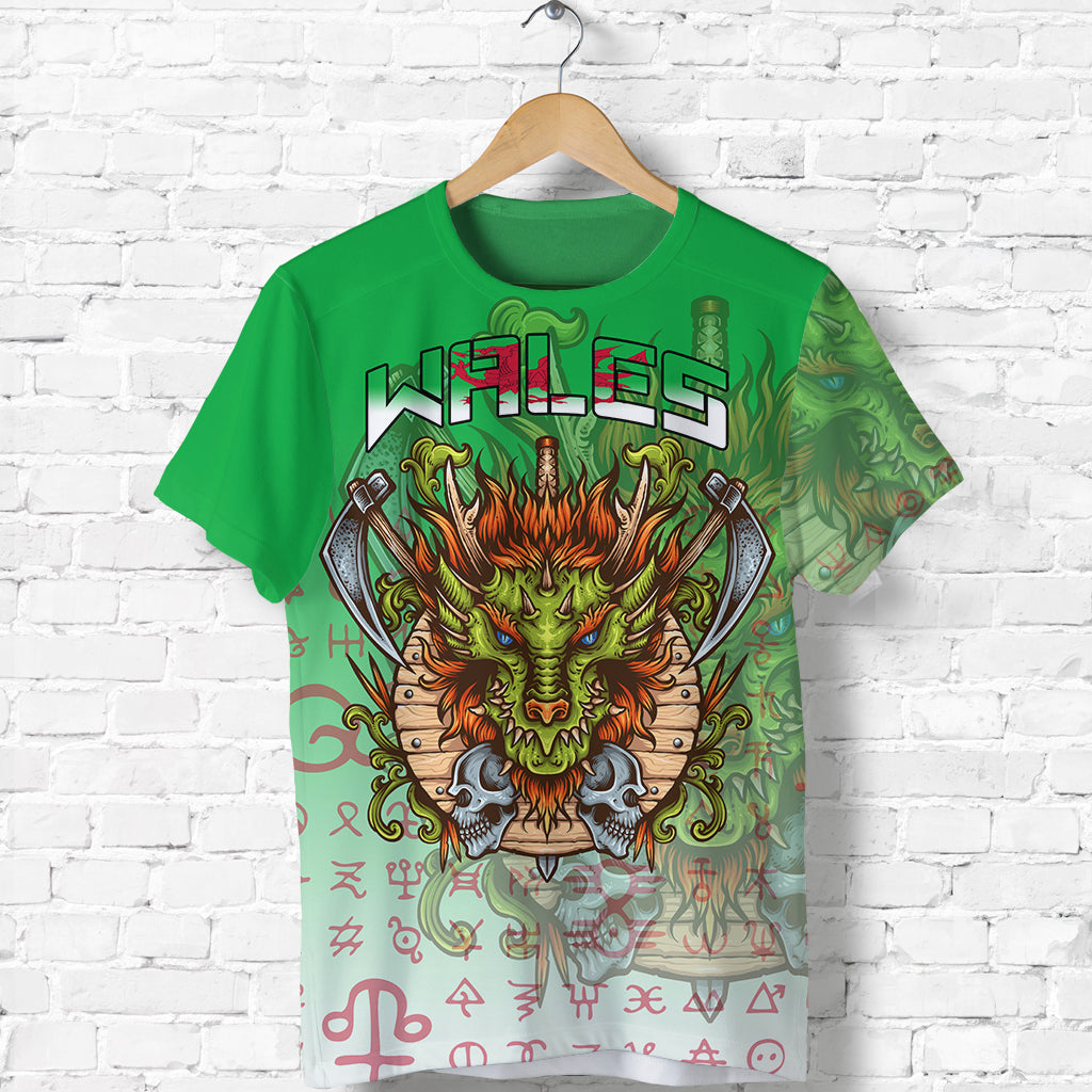 Custom Viking T Shirt Wales Viking T Shirt Dragon Style Green and White RLT12 - Wonder Print Shop