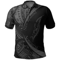 Black polo shirt with Maori-inspired circle tattoo design and collared button placket