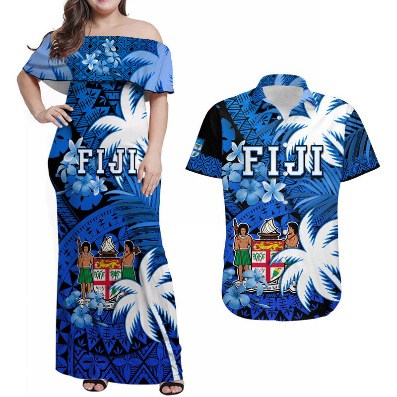 Fiji Coat Of Arms Matching Hawaiian Shirt And Dress Masi Tapa Mixed Palm Tree No2 Blue Version LT9 - Wonder Print Shop