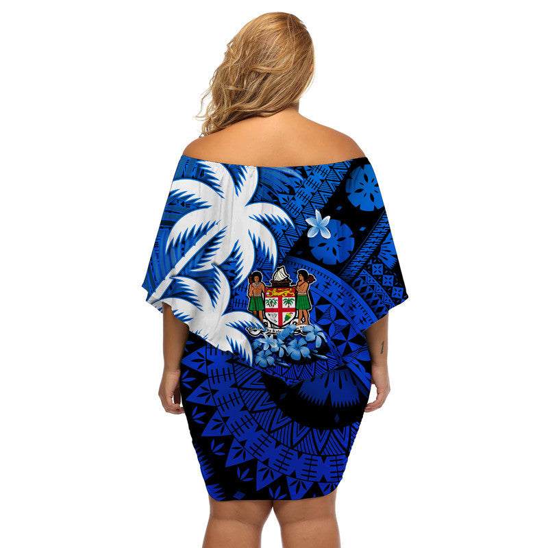 Fiji Coat Of Arms Women Off Shoulder Short Dress Masi Tapa Mixed Palm Tree No2 Blue Version - Wonder Print Shop