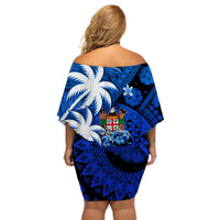 Fiji Coat Of Arms Women Off Shoulder Short Dress Masi Tapa Mixed Palm Tree No2 Blue Version - Wonder Print Shop