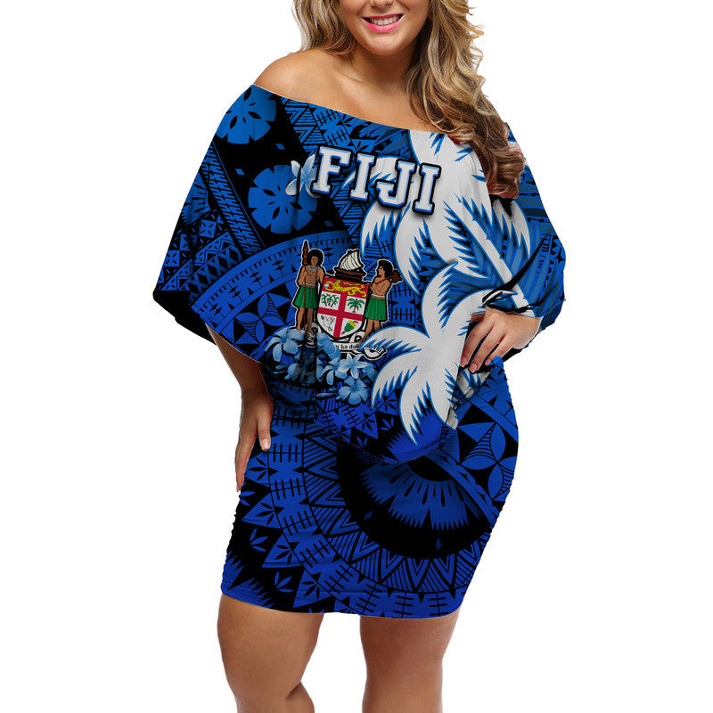 Fiji Coat Of Arms Women Off Shoulder Short Dress Masi Tapa Mixed Palm Tree No2 Blue Version - Wonder Print Shop