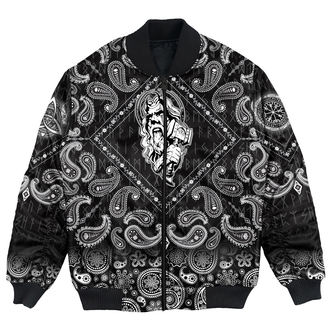 Viking Bomber Jacket Nordic God and His Hammer with Bandana Paisley Style RLT12 - Wonder Print Shop