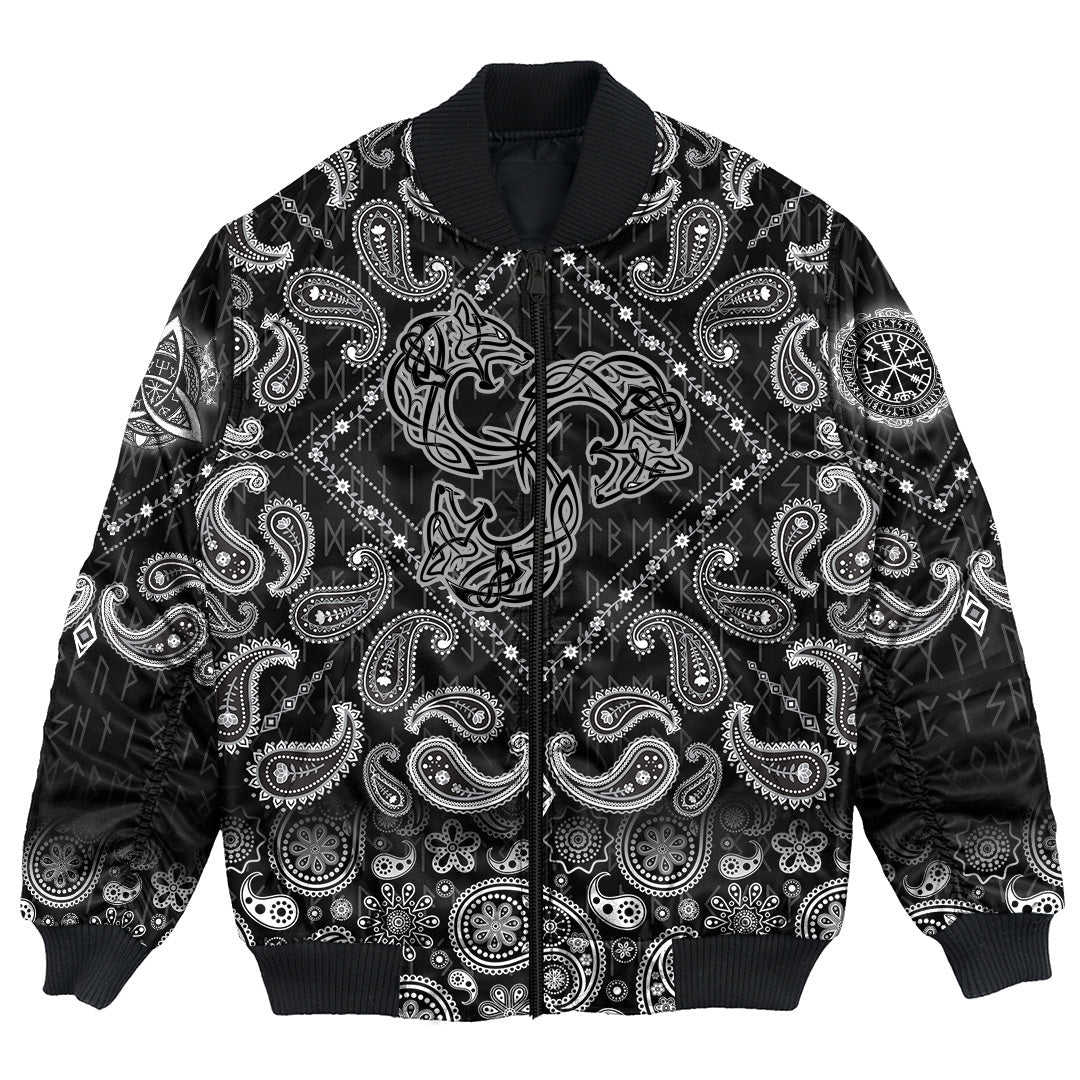Viking Bomber Jacket Norse Tattoo Wolf with Bandana Paisley Style RLT12 - Wonder Print Shop