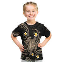Kids Hawaiian turtle graphic T-shirt, black with plumeria flowers and beige/gold design