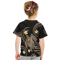 Kids black graphic T-shirt back view with Polynesian turtle and plumeria flower print