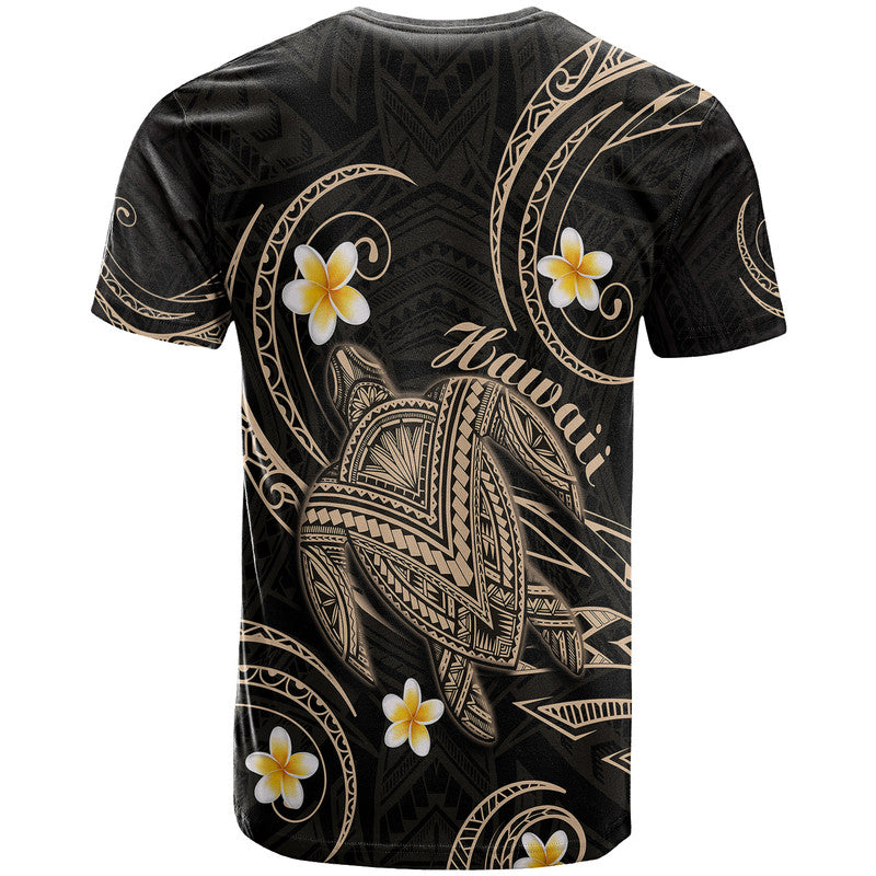 Hawaiian turtle graphic T-shirt, black with plumeria and ornate beige/gold back print
