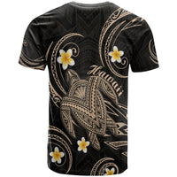Hawaiian turtle graphic T-shirt, black with plumeria and ornate beige/gold back print