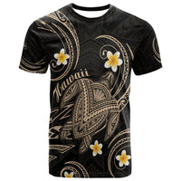 Black graphic T-shirt with Polynesian turtle and plumeria flower print in tan accents
