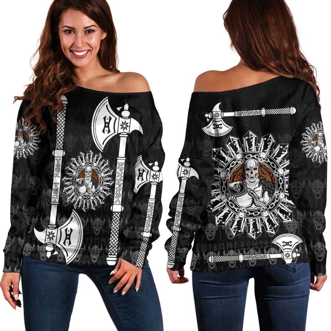 (Custom) Viking - Women's Off Shoulder Sweater Skull Warrior Dead Hero with Hammer RLT12 - Wonder Print Shop