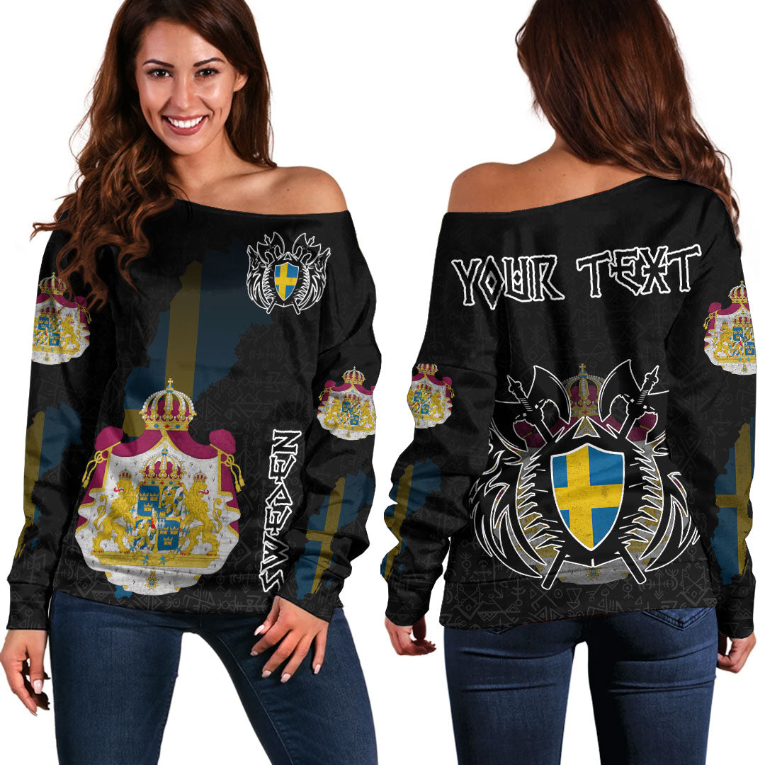 (Custom) Viking - Sweden Flag and Map Off Shoulder Sweater style Viking Geri and Freki RLT12 - Wonder Print Shop