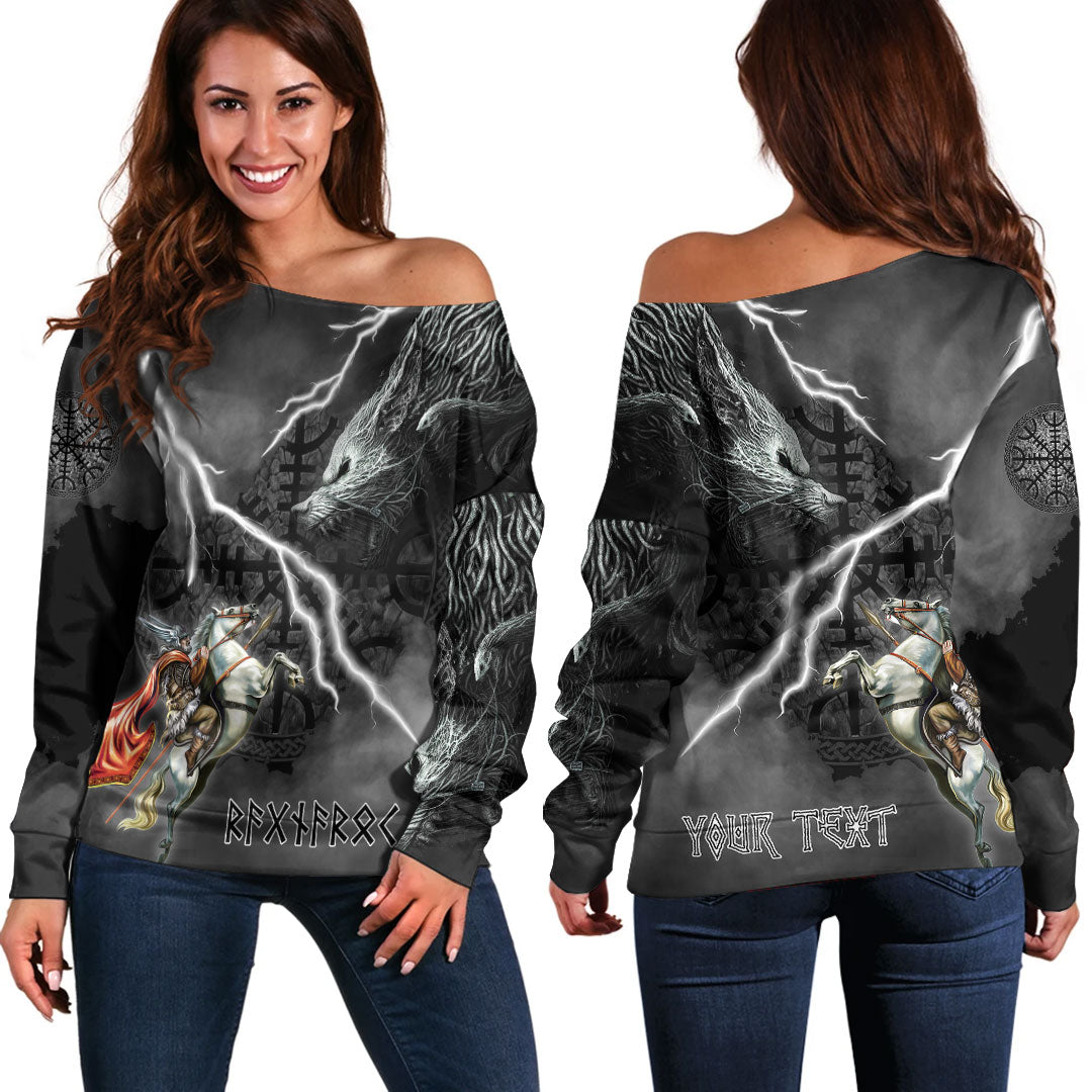 (Custom) Viking - Ragnarok Women's Off Shoulder Odin Fight Fenrir On Thunder Background A35 RLT12 - Wonder Print Shop