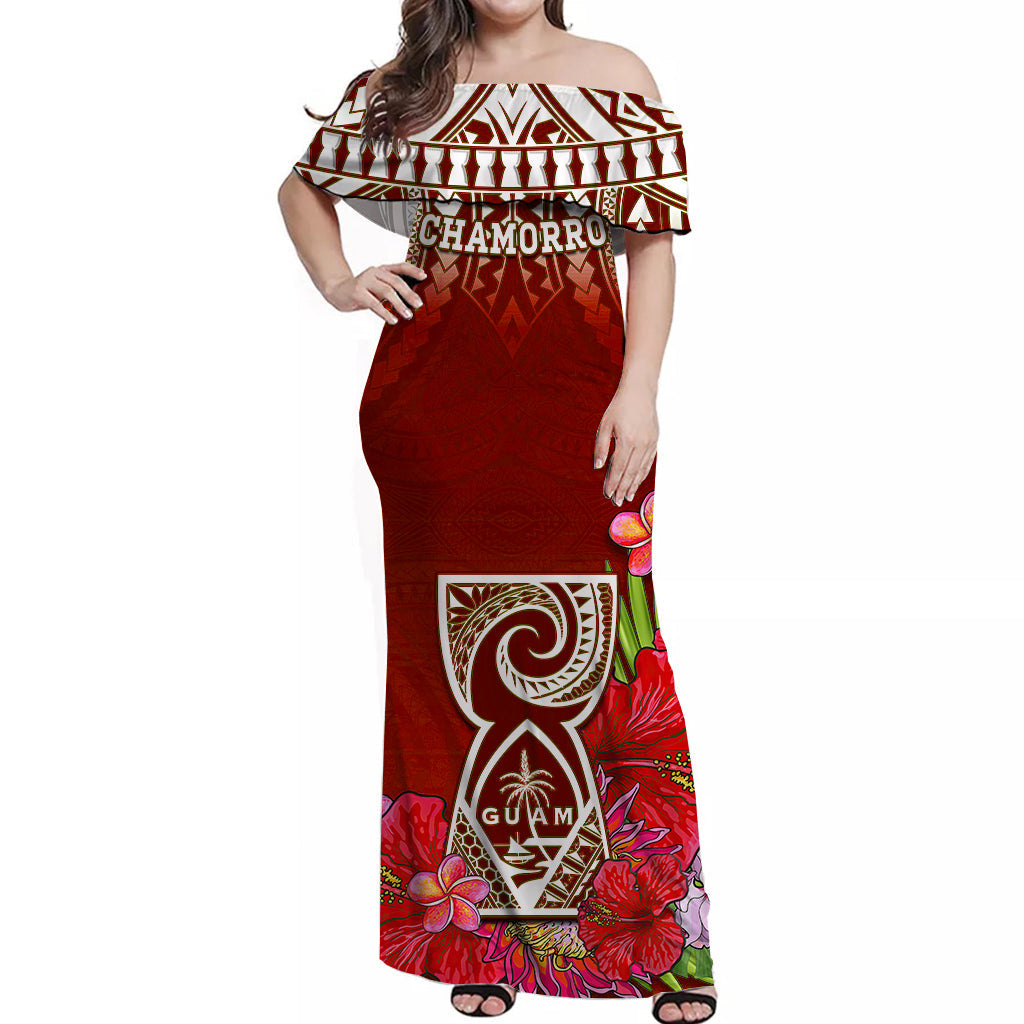 custom-personalised-guam-chamorro-off-shoulder-long-dress-guaman-latte-stone-tropical-flowers-red-version