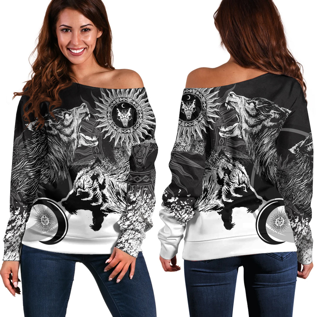Viking Skoll and Hati New Style Women's Off Shoulder Sweater RLT12 - Wonder Print Shop