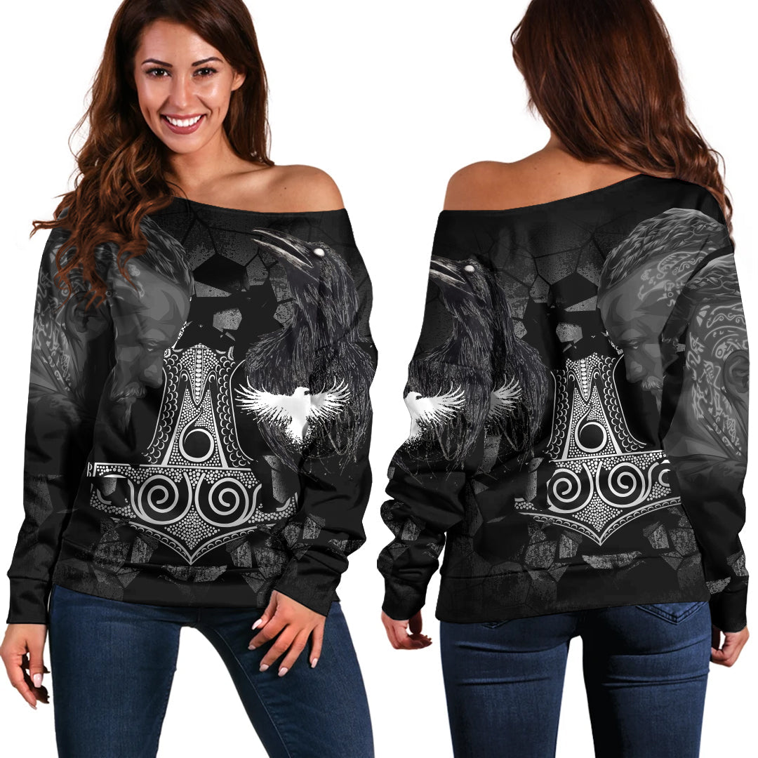 Viking Ragnar and Raven Style Mjolnir Women's Off Shoulder Sweater Shirts RLT12 - Wonder Print Shop