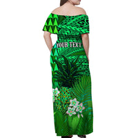 custom-personalised-hawaii-pineapple-off-shoulder-long-dress-green-plumeria-frangipani-mix-tribal-pattern