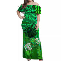 custom-personalised-hawaii-pineapple-off-shoulder-long-dress-green-plumeria-frangipani-mix-tribal-pattern