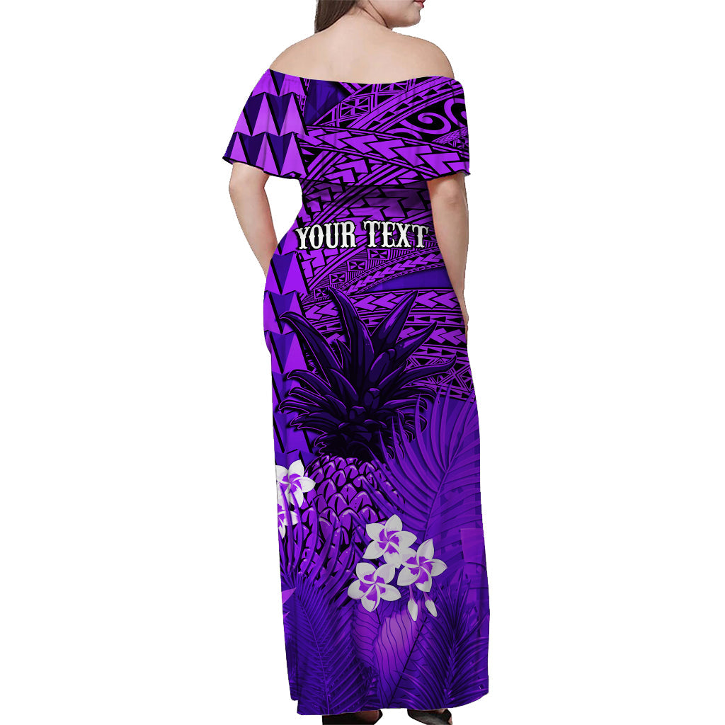custom-personalised-hawaii-pineapple-off-shoulder-long-dress-purple-plumeria-frangipani-mix-tribal-pattern