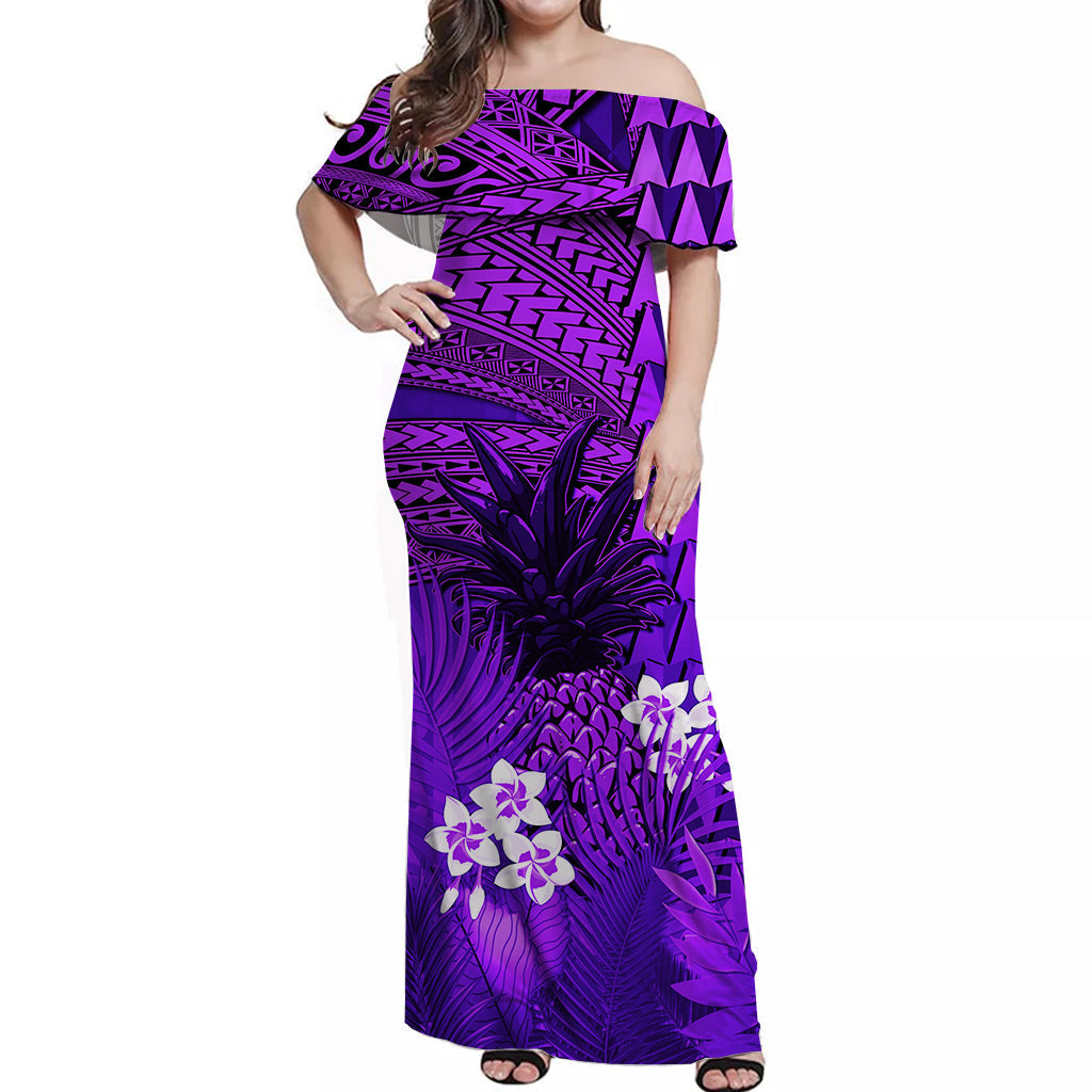 custom-personalised-hawaii-pineapple-off-shoulder-long-dress-purple-plumeria-frangipani-mix-tribal-pattern