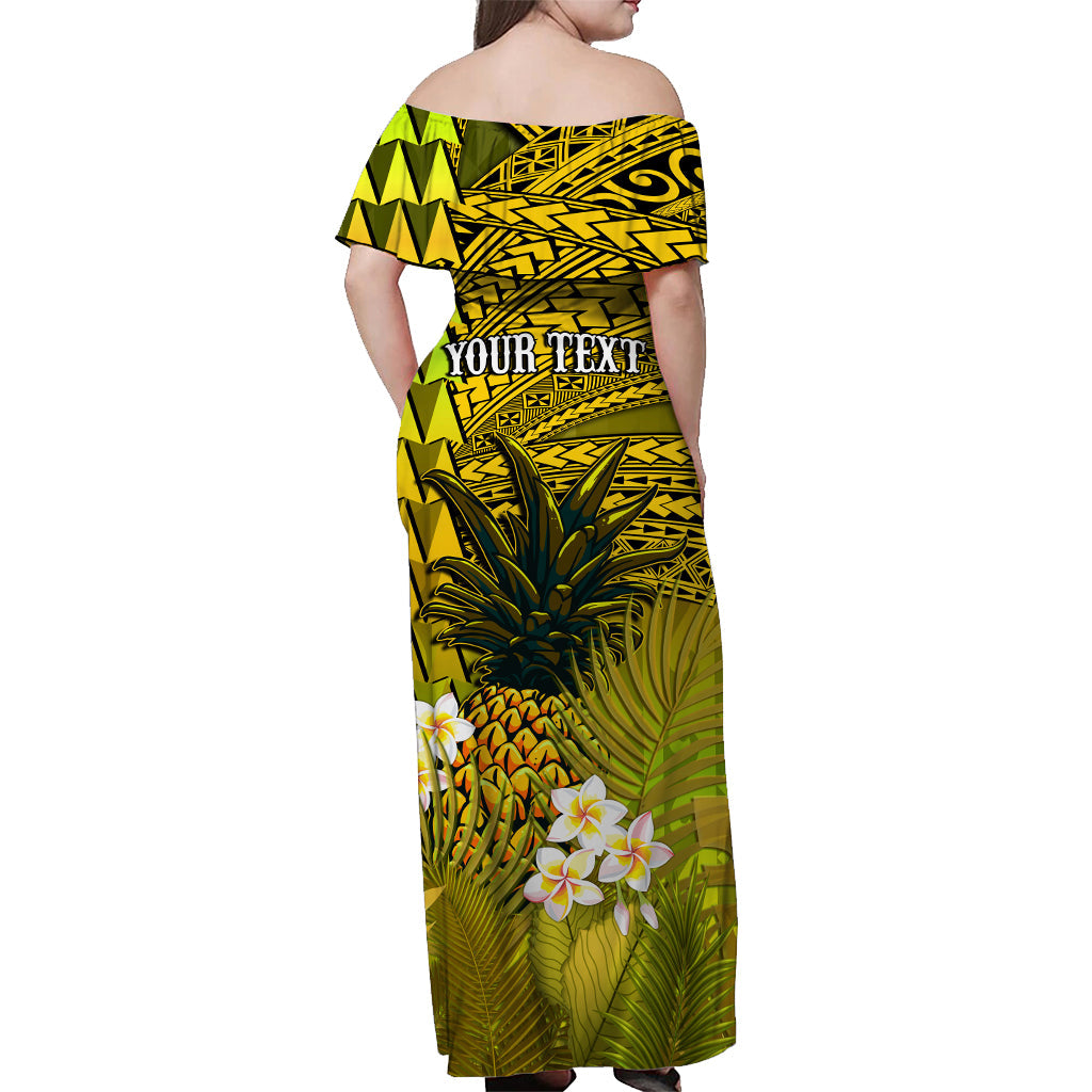 custom-personalised-hawaii-pineapple-off-shoulder-long-dress-yellow-plumeria-frangipani-mix-tribal-pattern