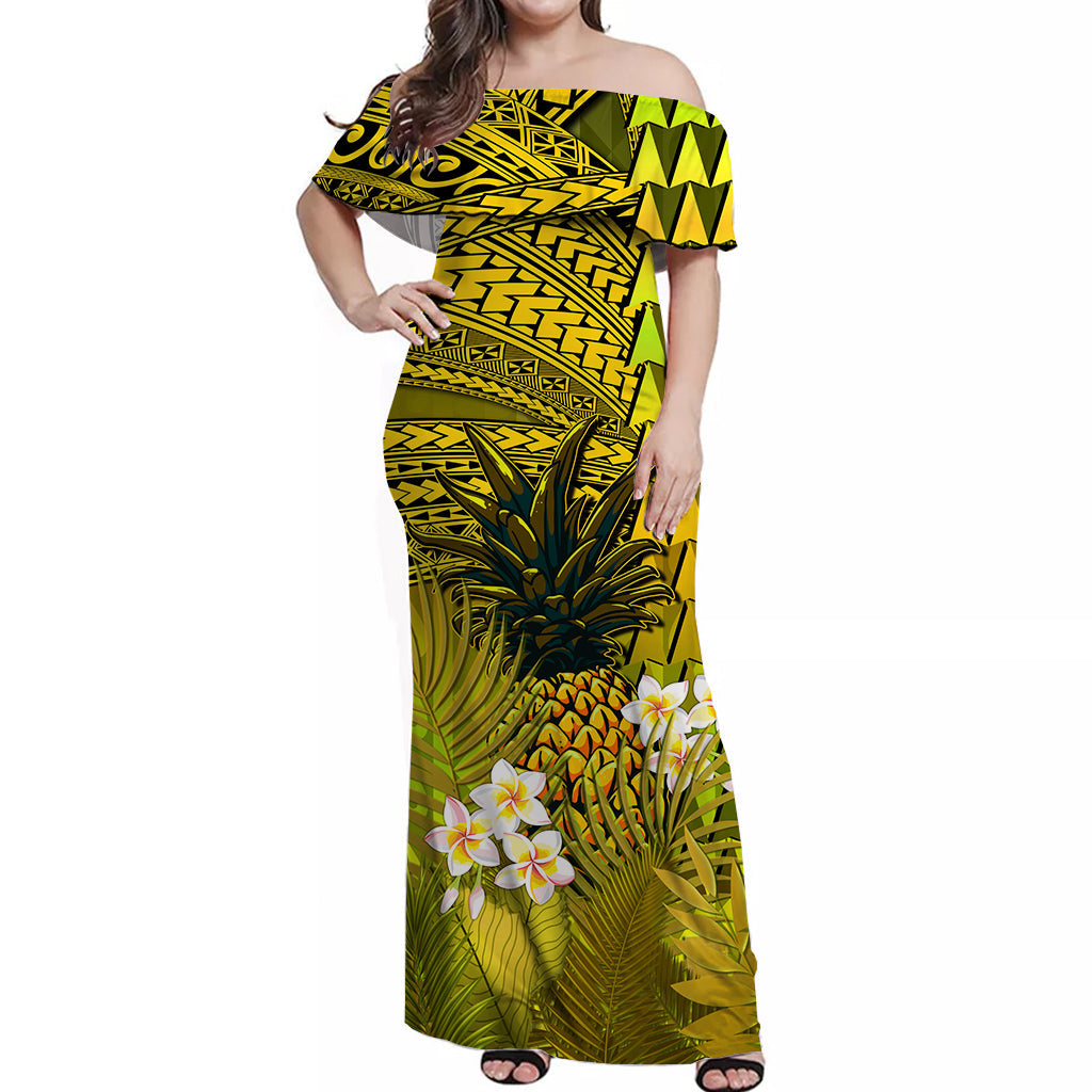 custom-personalised-hawaii-pineapple-off-shoulder-long-dress-yellow-plumeria-frangipani-mix-tribal-pattern