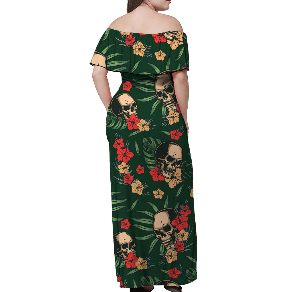 hawaii-off-shoulder-long-dress-green-skulls-with-monstera-leaves
