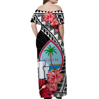Black off-shoulder maxi dress with geometric pattern and hibiscus Guam floral art